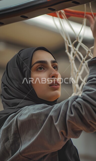 التدرب على إتقان لعب كرة السلة، الاستعداد لتصويب الهدف، إجراء تمرينات رياضية، المحافظة على اللياقة البدنية، أنشطة ترفيهية ورياضات نسائية، بورتريه للاعبة عربية خليجية سعودية محجبة ترتدي ملابس رياضية، أسلوب الحياة الصحية