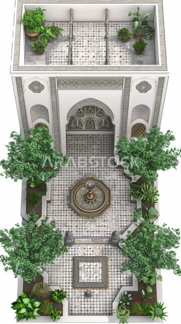 الاهتمام بزراعة النباتات الخضراء, الفن الهندسي المعماري للفناء الخارجي لمنزل, ديكورات المنازل التقليدية العريقة, صورة من الأعلى لبيت تراثي شعبي, نافورة مياه مصممة على الطراز العربي القديم