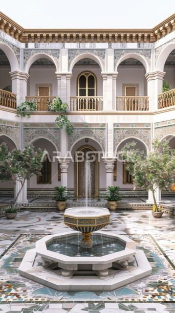 نافورة مياه مصممة على الطراز العربي القديم, الفن الهندسي المعماري للفناء الخارجي لمنزل, ديكورات المنازل التقليدية العريقة, بيوت تراثية شعبية