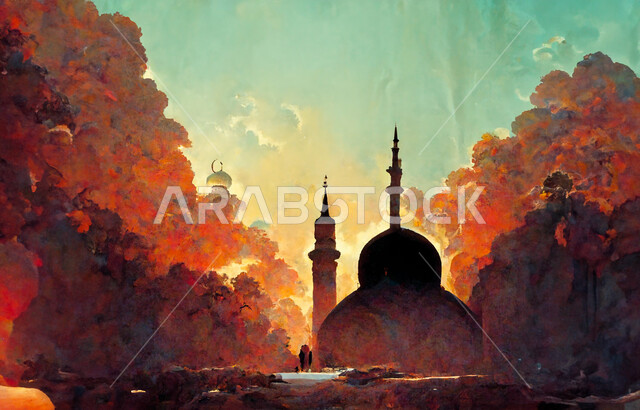 الديكورات والتصاميم الهندسية المعمارية لبناء المساجد في المملكة العربية السعودية، مفهوم العبادة والتقرب إلى الله تعالى، الساحة الخارجية لمسجد عريق، معالم وأماكن مقدسة، المآذن والقبب على الطراز الإسلامي العصري الحديث، فن وزخرفة إسلامية