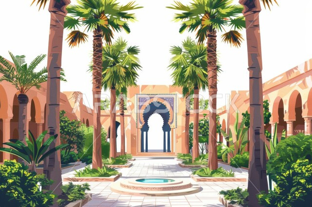 Saudi dates and fresh dates crop, 3D drawing of palm oases and farms in the Kingdom of Saudi Arabia, a nature reserve for planting green trees, agricultural fields and lands, local and national Arab products