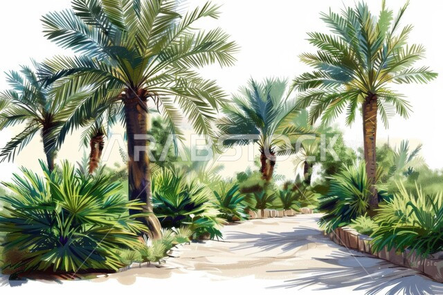 محمية طبيعية لزراعة الأشجار الخضراء، حقول و أراضي زراعية، منتجات عربية محلية وطنية، محصول التمر والرطب السعودي, رسم ثلاثي الأبعاد لواحات ومزارع النخيل في المملكة العربية السعودية