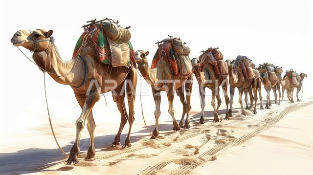 نوق أصيلة تتنقل على الكثبان الرملية في صحاري المملكة العربية السعودية, رسم ثلاثي الأبعاد لقافلة من الجمال تسير في الصحراء, تربية الإبل في المحميات الطبيعية بالمناطق الصحراوية
