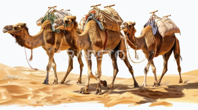 رسم ثلاثي الأبعاد لقافلة من الجمال تسير في الصحراء, تربية الإبل في المحميات الطبيعية بالمناطق الصحراوية, نوق أصيلة تتنقل على الكثبان الرملية في صحاري المملكة العربية السعودية
