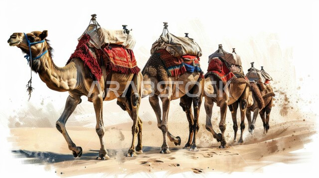 تربية الإبل في المحميات الطبيعية بالمناطق الصحراوية، نوق أصيلة تتنقل على الكثبان الرملية في صحاري المملكة العربية السعودية، رسم ثلاثي الأبعاد لقافلة من الجمال تسير في الصحراء