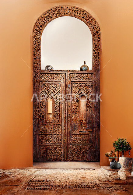باب خشبي على الطراز العربي العريق, زخارف اسلامية, ديكورات داخلية, الفن الهندسي الاسلامي, تصاميم أبواب مساجد مزخرفة، مفهوم العبادة والتقرب إلى الله، فن عمراني متطور واصيل، دمج الأصالة والمعاصرة 