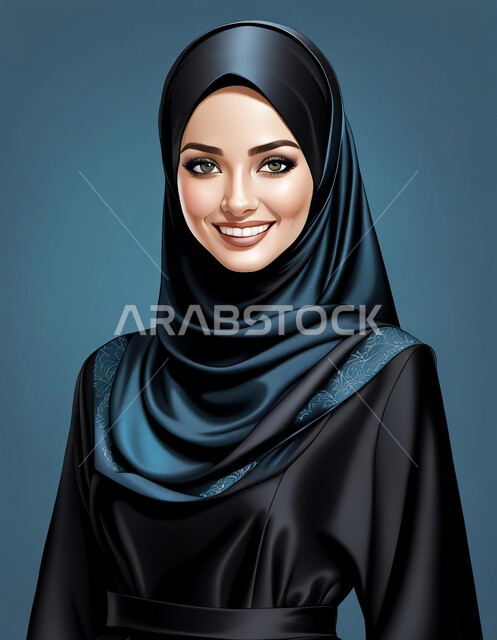رسومات وفنون المرأة, مفهوم الأنوثة والنعومة، الاهتمام بالجمال والأناقة والمظهر الخارجي، بورتريه لفتاة خليجية عربية سعودية ترتدي العباءة والحجاب