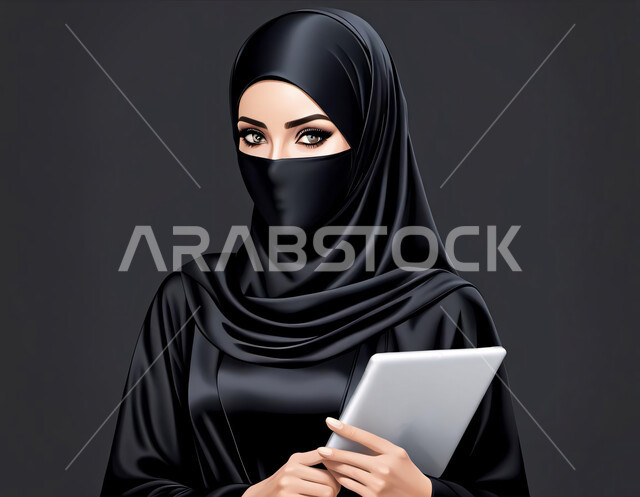 مفهوم الأنوثة والنعومة، الاهتمام بالجمال والأناقة والمظهر الخارجي، بورتريه لامرأة خليجية عربية سعودية محجبة تردي اللثام والعباءة وتحمل بيدها التابليت المحمول, استخدام التقنيات الحديثة المتطورة, خلفية سوداء