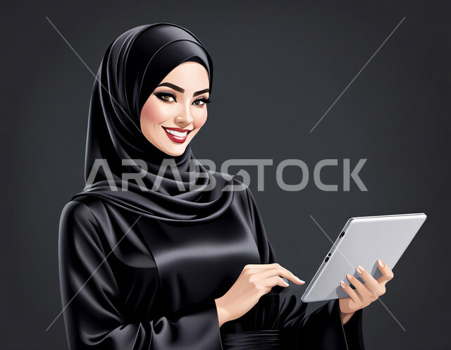 رسومات وفنون لنساء الخليج العربي، مفهوم الأنوثة والنعومة، الاهتمام بالجمال والأناقة والمظهر الخارجي، بورتريه لفتاة خليجية عربية سعودية ترتدي العباءة والحجاب وتحمل بيدها التابليت المحمول