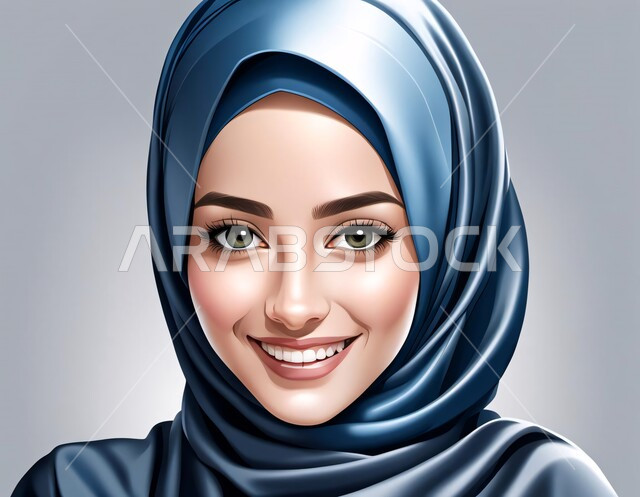 رسومات وفنون لنساء الخليج العربي، مفهوم الأنوثة والنعومة، الاهتمام بالجمال والأناقة والمظهر الخارجي، بورتريه لفتاة خليجية عربية سعودية ترتدي العباءة والحجاب وتنظر الى الكميرا بايماءات السعادة والسرور, خلفية رمادي