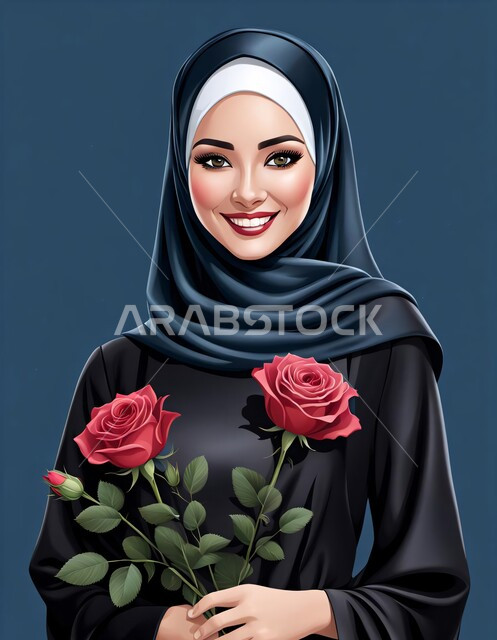 الاهتمام بالجمال والأناقة والمظهر الخارجي، رسومات وفنون لنساء الخليج العربي، مفهوم الأنوثة والنعومة، بورتريه لفتاة خليجية عربية سعودية ترتدي العباءة والحجاب وتنظر الى الكميرا بايماءات السعادة والسرور, الورد في المناسبات, خلفية كحلي