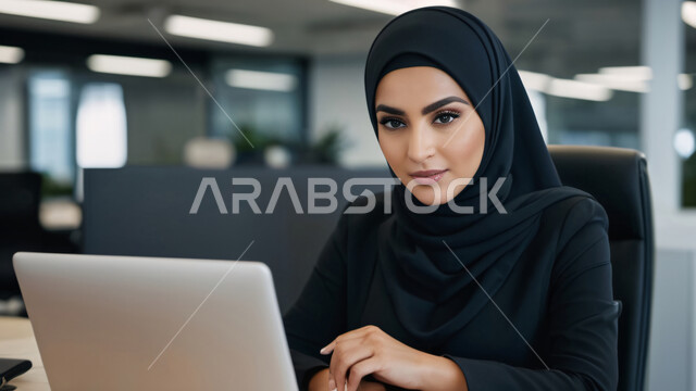بيئة العمل المريحة في شركات المملكة، استخدام الوسائل التقنية الحديثة والمتطورة لإنجاز المهام، مهن ووظائف مكتبية نسائية, إدارة وتنظيم الأعمال ضمن مقر الشركة, امرأة عربية خليجية سعودية محجبة ترتدي العباءة السوداء تعمل على الحاسب المحمول