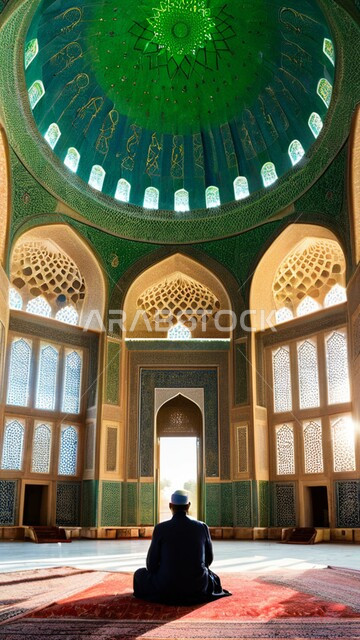 The concept of worship and getting closer to God, a picture from the back of a Saudi Arabian Gulf man wearing a white Islamic hat sitting inside a mosque, performing prayers and duties, Islamic style interior decorations of mosques in the Kingdom of Saudi Arabia