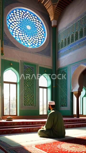 The concept of worship and getting closer to God, a picture from the back of a Saudi Arabian Gulf man wearing a white Islamic hat sitting inside a mosque, performing prayers and duties, Islamic style interior decorations of mosques in the Kingdom of Saudi Arabia
