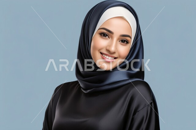 مفهوم الأنوثة والنعومة، الاهتمام بالجمال والأناقة والمظهر الخارجي، بورتريه لفتاة خليجية عربية سعودية ترتدي العباءة والحجاب, النظر الى الكميرا بايماءات السعادة والسرور والثقة بالنفس, خلفية ازرق