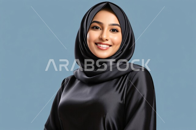 مفهوم الأنوثة والنعومة، الاهتمام بالجمال والأناقة والمظهر الخارجي، بورتريه لفتاة خليجية عربية سعودية ترتدي العباءة والحجاب, النظر الى الكميرا بايماءات السعادة والسرور والثقة بالنفس, خلفية ازرق