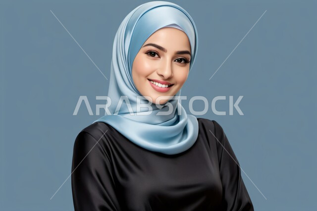  الوقوف بايماءات الثقة بالنفس, مفهوم الأنوثة والنعومة، الاهتمام بالأناقة والمظهر الخارجي، بورتريه لامرأة خليجية عربية سعودية محجبة ترتدي العباءة وتنظر الى الكاميرا بتعابير السرور, خلفية زرقاء