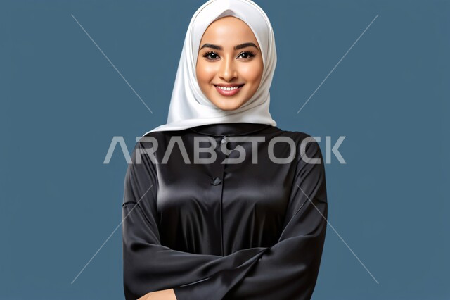 مفهوم الأنوثة والنعومة، الاهتمام بالأناقة والمظهر الخارجي، بورتريه لامرأة خليجية عربية سعودية محجبة ترتدي العباءة وتنظر الى الكاميرا بتعابير السرور, الوقوف بايماءات الثقة بالنفس, خلفية زرقاء