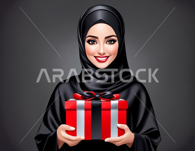 الاهتمام بالجمال والأناقة والمظهر الخارجي، رسومات وفنون لنساء الخليج العربي، مفهوم الأنوثة والنعومة، بورتريه لفتاة خليجية عربية سعودية ترتدي العباءة والحجاب وتنظر الى الكميرا بايماءات السعادة والسرور, قديم الهداية في الاعياد والمناسبات, خلفية اسود