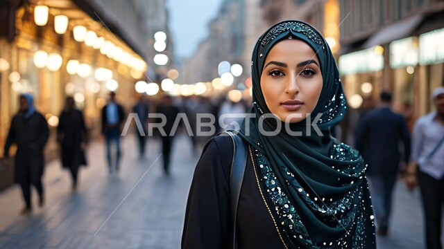 The concept of femininity and softness, looking at the camera with gestures of self-confidence, interest in elegance and external appearance, a close-up photo of a veiled Saudi Arabian Gulf woman wearing an abaya standing in one of the streets of the Kingdom of Saudi Arabia