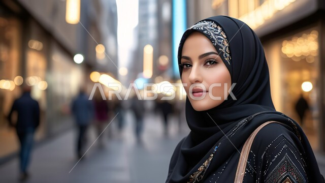  الاهتمام بالأناقة والمظهر الخارجي, صورة مقربة لامرأة عربية خليجية سعودية محجبة ترتدي العباءة تقف في احد شوارع المملكة العربية السعودية ,النظر إلى الكاميرا بإيماءات الثقة بالنفس ،مفهوم الأنوثة والنعومة