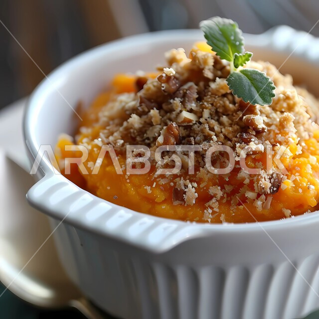 الأطباق و الاصناف والمقبلات العربية الشرقية اللذيذة,لقطة مقربة من هريس اليقطين مع الطبقة المقرمشة  ,المطاعم والمطابخ في المملكة العربية السعودية، طاولة طعام مليئة بالوجبات المتنوعة