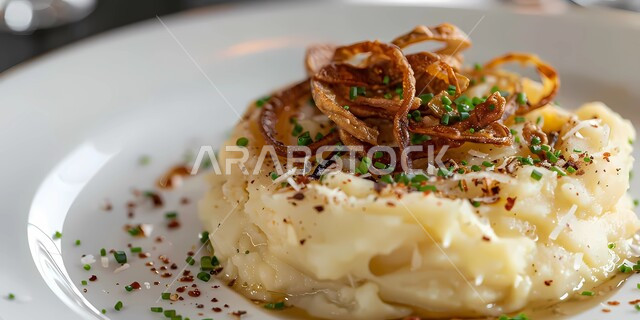 الأطباق و الاصناف والمقبلات العربية الشرقية اللذيذة, لقطة قريبة للبطاطس المهروسة مع البصل المقرمش والثوم المعمر ,المطاعم والمطابخ في المملكة العربية السعودية