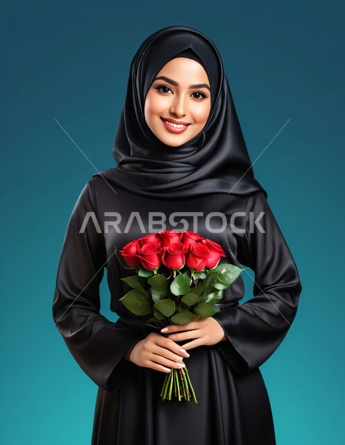 الاهتمام بالجمال والأناقة والمظهر الخارجي، مفهوم الأنوثة والنعومة، فتاة خليجية عربية سعودية ترتدي العباءة والحجاب وتنظر الى الكميرا بايماءات السعادة والسرور, الورد في المناسبات, خلفية كحلي