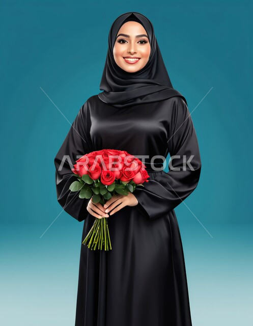 الاهتمام بالجمال والأناقة والمظهر الخارجي، مفهوم الأنوثة والنعومة، فتاة خليجية عربية سعودية ترتدي العباءة والحجاب وتنظر الى الكميرا بايماءات السعادة والسرور, الورد في المناسبات, خلفية كحلي