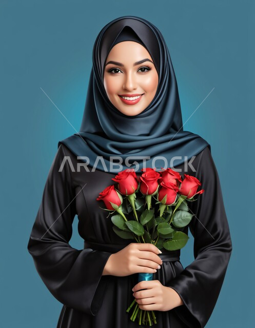 Interest in beauty, elegance and external appearance, drawings and arts of Arabian Gulf women, the concept of femininity and softness, a portrait of a Saudi Arabian Gulf girl wearing the abaya and veil and looking at the camera with gestures of happiness and pleasure, roses on special occasions, navy blue background