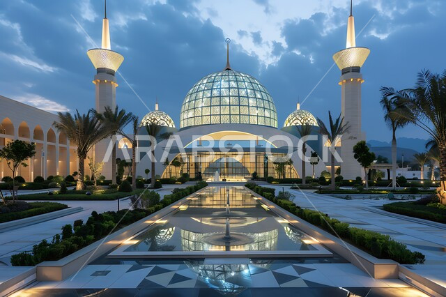 القبب والمآذن المضيئة ليلا، نداء المسلمين لأداء الفرائض والصلوات والتقرب إلى الله، الفن الهندسي المعماري على الطراز الاسلامي لبناء المساجد في المملكة العربية السعودية, المعالم الدينية المقدسة, الاهتمام بالتشجير وزراعة النباتات الخضراء