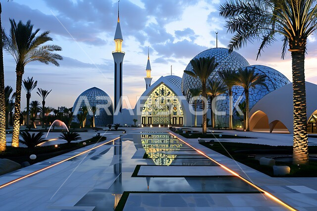 القبب والمآذن المضيئة ليلا، نداء المسلمين لأداء الفرائض والصلوات والتقرب إلى الله، الفن الهندسي المعماري على الطراز الاسلامي لبناء المساجد في المملكة العربية السعودية, المعالم الدينية المقدسة, الاهتمام بالتشجير وزراعة النباتات الخضراء