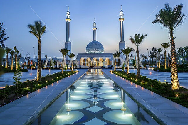 القبب والمآذن المضيئة ليلا، نداء المسلمين لأداء الفرائض والصلوات والتقرب إلى الله، الفن الهندسي المعماري على الطراز الاسلامي لبناء المساجد في المملكة العربية السعودية, المعالم الدينية المقدسة, الاهتمام بالتشجير وزراعة النباتات الخضراء