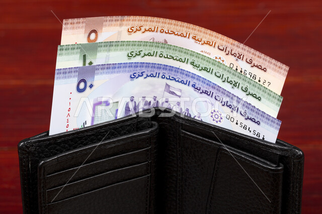 UAE money in the black wallet, different denominations of paper currencies, financial economy of the Arabian Gulf, paper UAE dirhams, financial growth and profits, the official currency of the United Arab Emirates