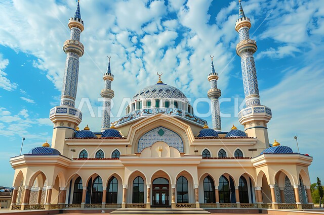 منظر الغيوم البيضاء في السماء، نداء المسلمين لأداء الفرائض والصلوات والتقرب إلى الله، الفن الهندسي المعماري على الطراز الاسلامي، صورة من الاعلى لقبب ومآذن المساجد في المملكة العربية السعودية, المعالم والأماكن الدينية المقدسة