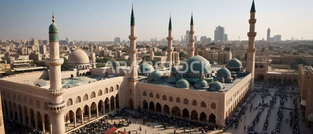 Calling Muslims to perform their religious duties and prayers and draw closer to God, Islamic architectural art, a bird's-eye view of the domes and minarets of mosques in the Kingdom of Saudi Arabia, religious landmarks and holy places