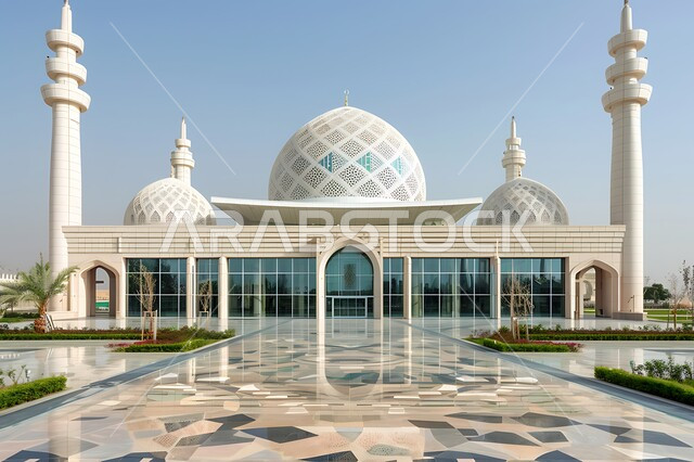 الفن الهندسي المعماري على الطراز الاسلامي لقبب ومآذن المساجد في المملكة العربية السعودية, المعالم الدينية المقدسة, نداء المسلمين لأداء الفرائض والصلوات والتقرب إلى الله، الاهتمام بالتشجير وزراعة النباتات الخضراء