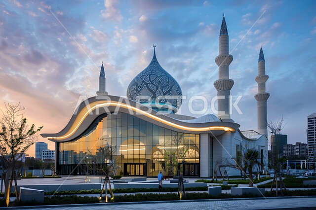 القبب والمآذن المضيئة ليلا، نداء المسلمين لأداء الفرائض والصلوات والتقرب إلى الله، الفن الهندسي المعماري على الطراز الاسلامي لبناء المساجد في المملكة العربية السعودية, المعالم الدينية المقدسة, الاهتمام بالتشجير وزراعة النباتات الخضراء