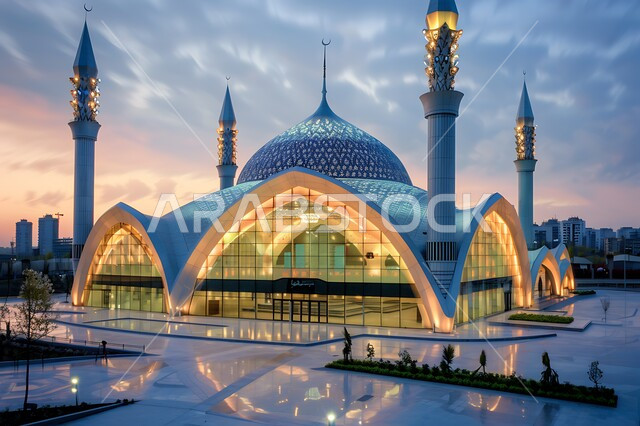 Minarets and domes illuminated at night, the call of Muslims to perform religious duties and prayers and draw closer to God, the Islamic architectural art of building mosques in the Kingdom of Saudi Arabia, landmarks and holy religious places, distinctive designs and decorations