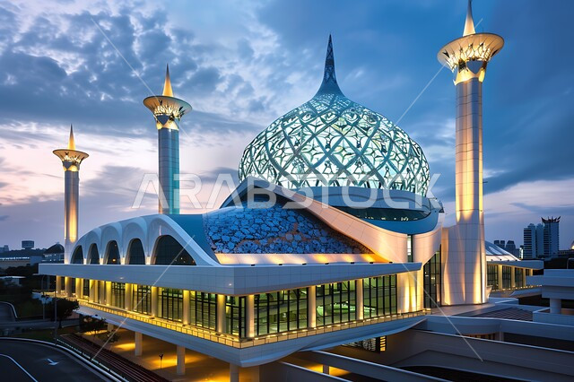 Minarets and domes illuminated at night, the call of Muslims to perform religious duties and prayers and draw closer to God, the Islamic architectural art of building mosques in the Kingdom of Saudi Arabia, landmarks and holy religious places, distinctive designs and decorations