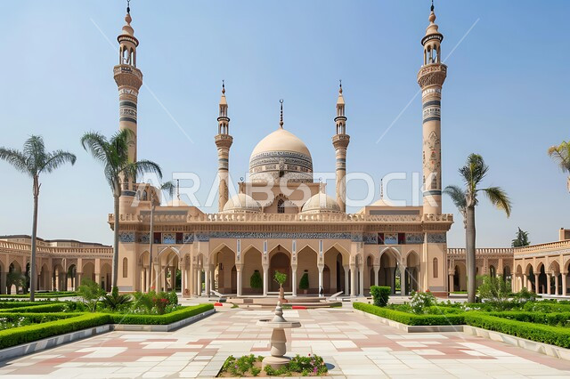 Interest in afforestation and planting green plants, Islamic architectural art of domes and minarets of mosques in the Kingdom of Saudi Arabia, sacred religious landmarks, Muslims’ call to perform religious duties and prayers and draw closer to God