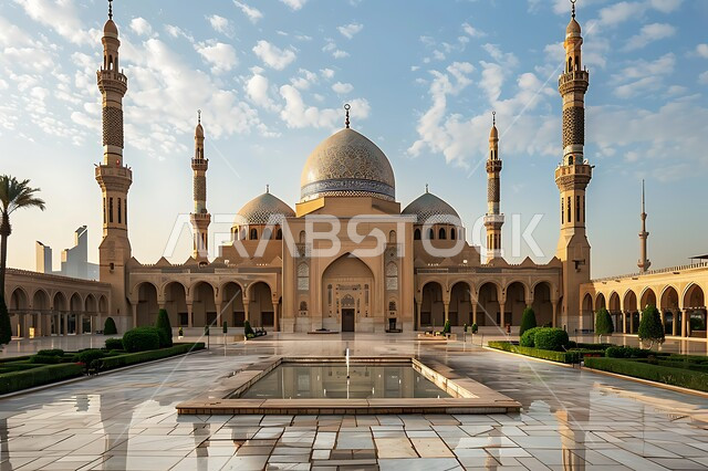 الديكورات والتصاميم المتميزة لنافورة الماء، نداء المسلمين لأداء الفرائض والصلوات والتقرب إلى الله، الفن الهندسي المعماري على الطراز الاسلامي لقبب ومآذن المساجد في المملكة العربية السعودية, المعالم الدينية المقدسة, الاهتمام بالتشجير وزراعة النباتات الخضراء