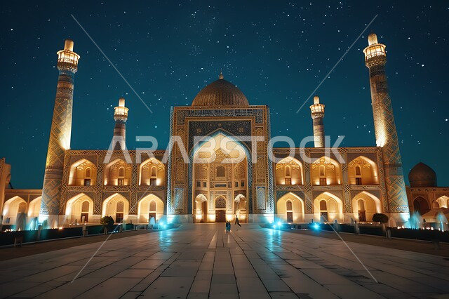Domes and minarets illuminated at night, a call for Muslims to perform their religious duties and prayers and draw closer to God, Islamic architectural art for building mosques in the Kingdom of Saudi Arabia, landmarks and holy religious places, distinctive designs and decorations