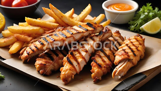 طبق من قطع الدجاج المقلية المقرمشة مع المقبلات، وصفات شرائح التشيكن بنكهات سعودية متنوعة، مطاعم للمأكولات العربية الشرقية, وجبات الغداء الشهية الساخنة, أطعمة وأغذية صحية