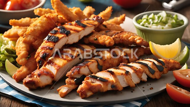 A plate of crispy fried chicken pieces with appetizers, recipes for chicken strips with various Saudi flavors, restaurants for oriental Arabic cuisine, delicious hot lunches, healthy foods and meals