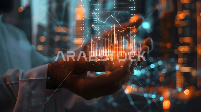 مفهوم الاستثمار المالي و الاقتصادي، مراقبة سوق الأوراق والاستثمارات المالية، صورة مقربة ليد رجل أعمال يمسك رسم بياني يقوم بمتابعة صعود وهبوط أسهم البورصة، استخدام الأجهزة والتقنيات الحديثة، خلفيات هولوجرامية مضيئة