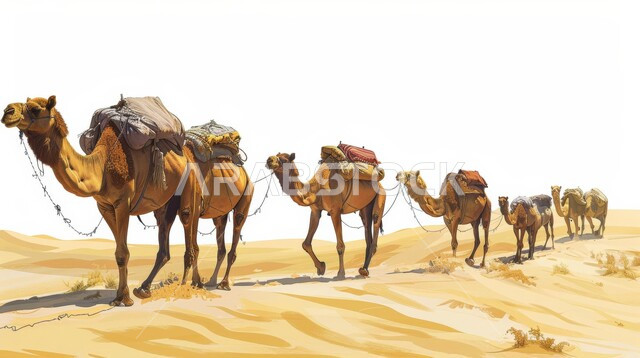 تربية الإبل في المحميات الطبيعية بالمناطق الصحراوية, نوق أصيلة تتنقل على الكثبان الرملية في صحاري المملكة العربية السعودية, رسم ثلاثي الأبعاد لقافلة من الجمال تسير في الصحراء