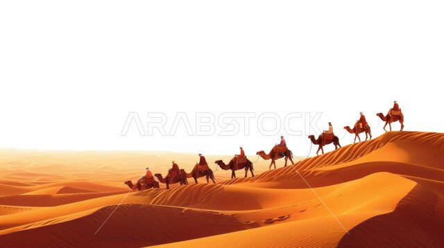رسم ثلاثي الأبعاد لقافلة من الجمال تسير في الصحراء, تربية الإبل في المحميات الطبيعية بالمناطق الصحراوية, نوق أصيلة تتنقل على الكثبان الرملية في صحاري المملكة العربية السعودية