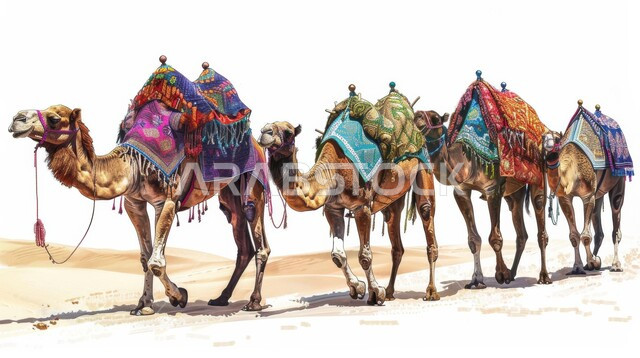 نوق أصيلة تتنقل على الكثبان الرملية في صحاري المملكة العربية السعودية، رسم ثلاثي الأبعاد لقافلة من الجمال تسير في الصحراء, تربية الإبل في المحميات الطبيعية بالمناطق الصحراوية