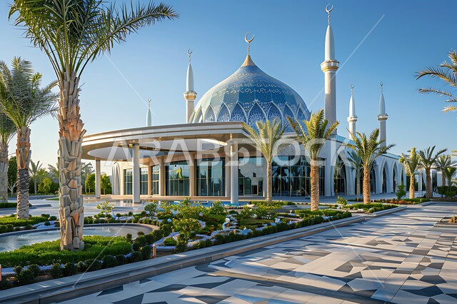 Interest in afforestation and planting green plants, Islamic architectural art of domes and minarets of mosques in the Kingdom of Saudi Arabia, sacred religious landmarks, Muslims’ call to perform religious duties and prayers and draw closer to God